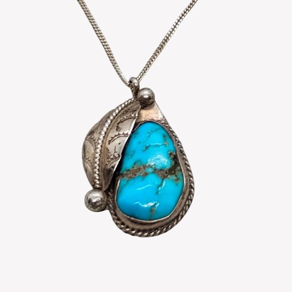 Vtg Native Navajo Old Pawn Sterling Silver Turquoise Pendant Necklace 18" Chain - Picture 1 of 9